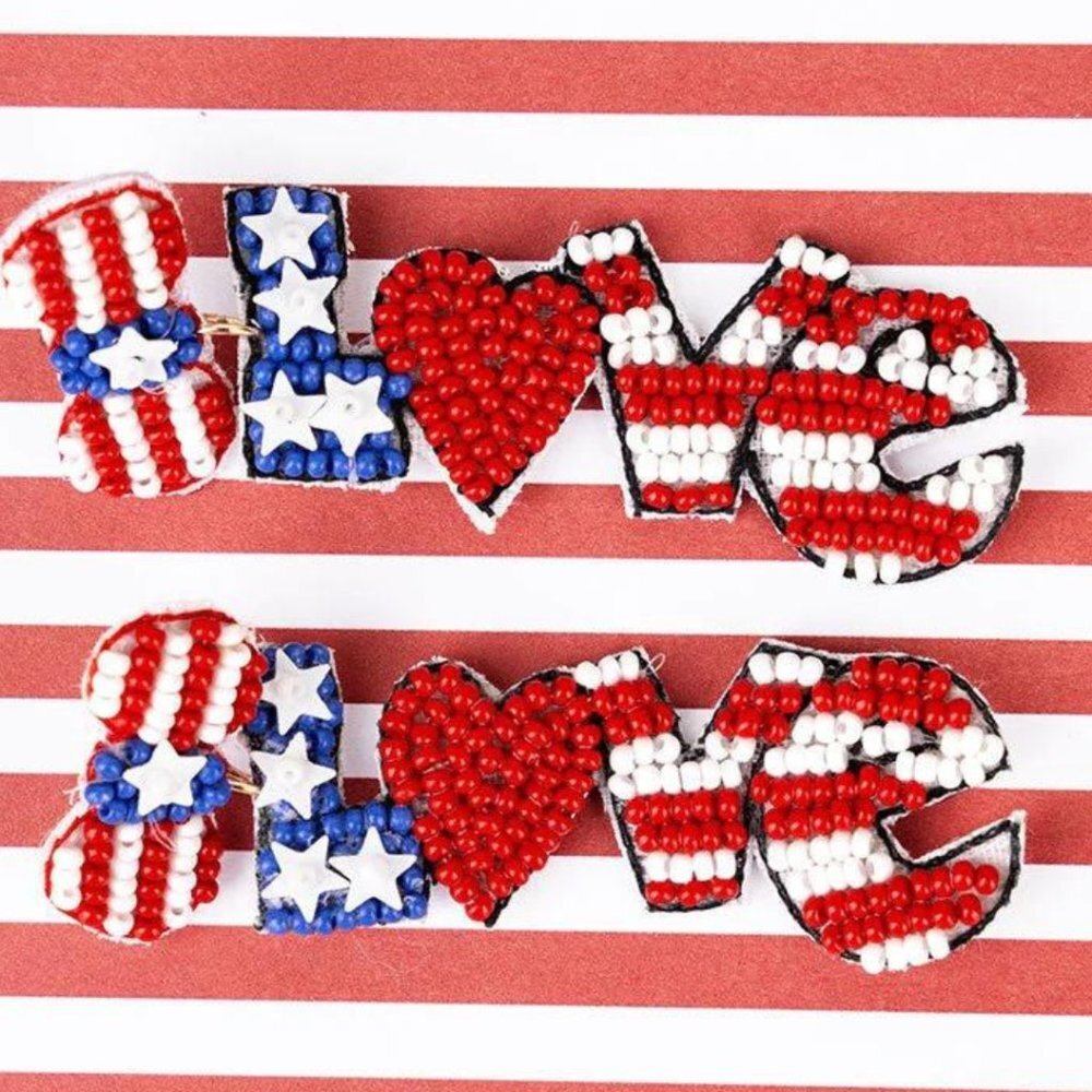 VIOLA Patriotic "Love" Seed Bead Pierced Earrings NWT